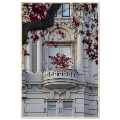 Red leaved tree in autumn colors in front of a historic stone building facade on wooden framed wall art