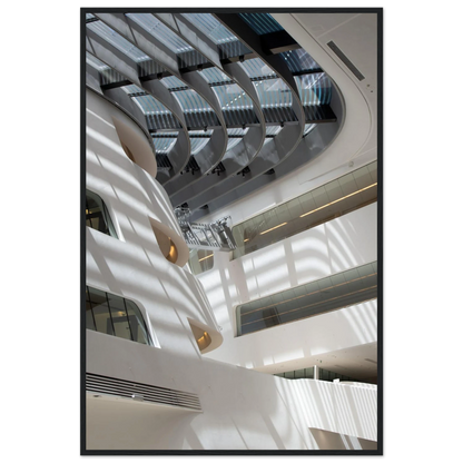 Interior view of the Library of WU (Vienna University of Economics and Business) on wooden frame wall art featuring modern architecture with multiple floors and open study spaces