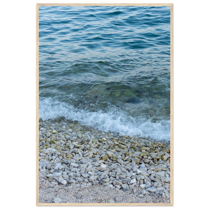 Aerial view ocean beach with wood frame, top down drone shot of blue sea foam and pebbles
