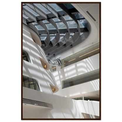 Interior view of the Library of WU (Vienna University of Economics and Business) on wooden frame wall art featuring modern architecture with multiple floors and open study spaces