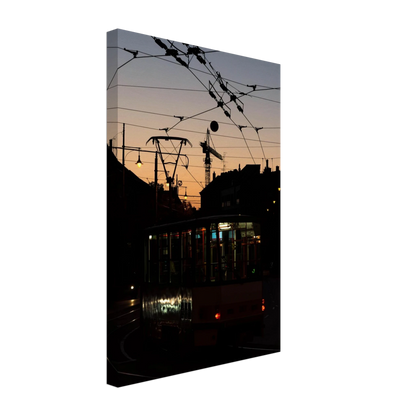 Canvas Print wall art featuring a tram the Nightline driving between houses under power lines during a golden sunset