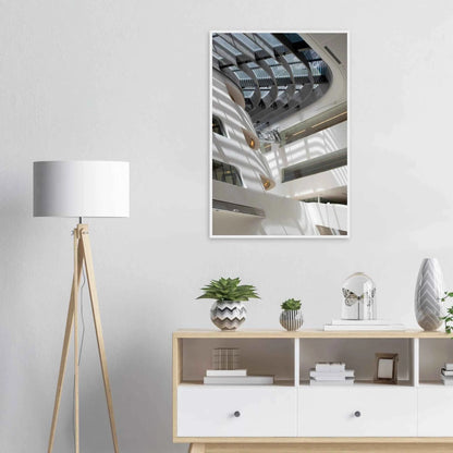Interior view of the Library of WU (Vienna University of Economics and Business) on wooden frame wall art featuring modern architecture with multiple floors and open study spaces on the wall in the Livingroom