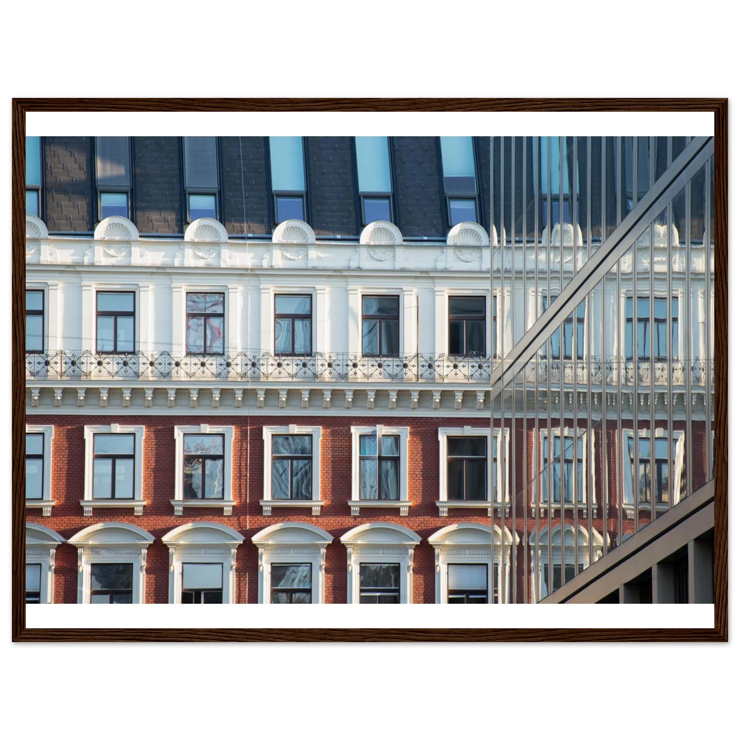 Wooden framed wall art Historic European-style Modern Houseblock building facade with multiple windows and elegant architectural details