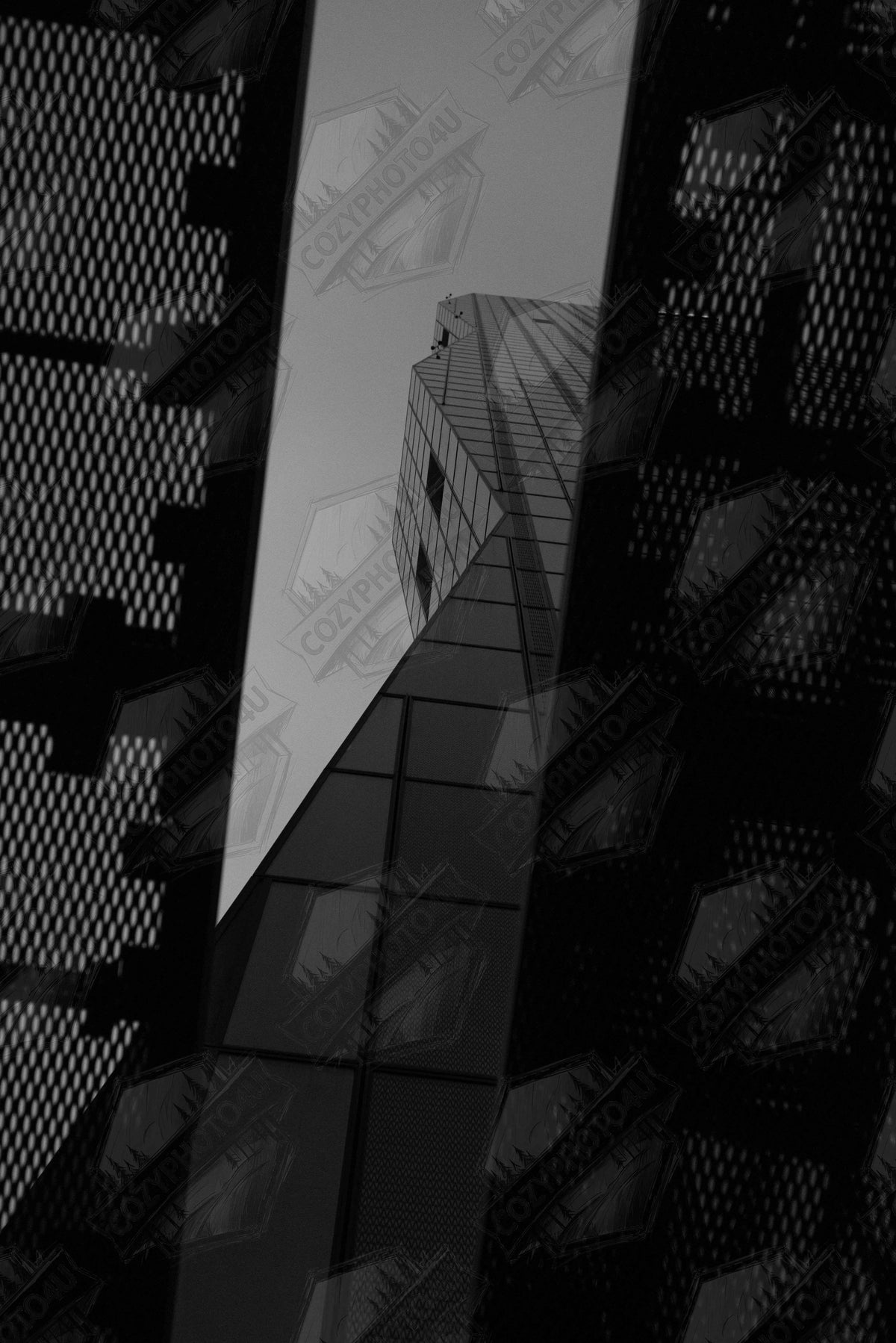 Digital picture art Black and White Low angle view looking up at a tall glass skyscraper framed between two metal structural elements