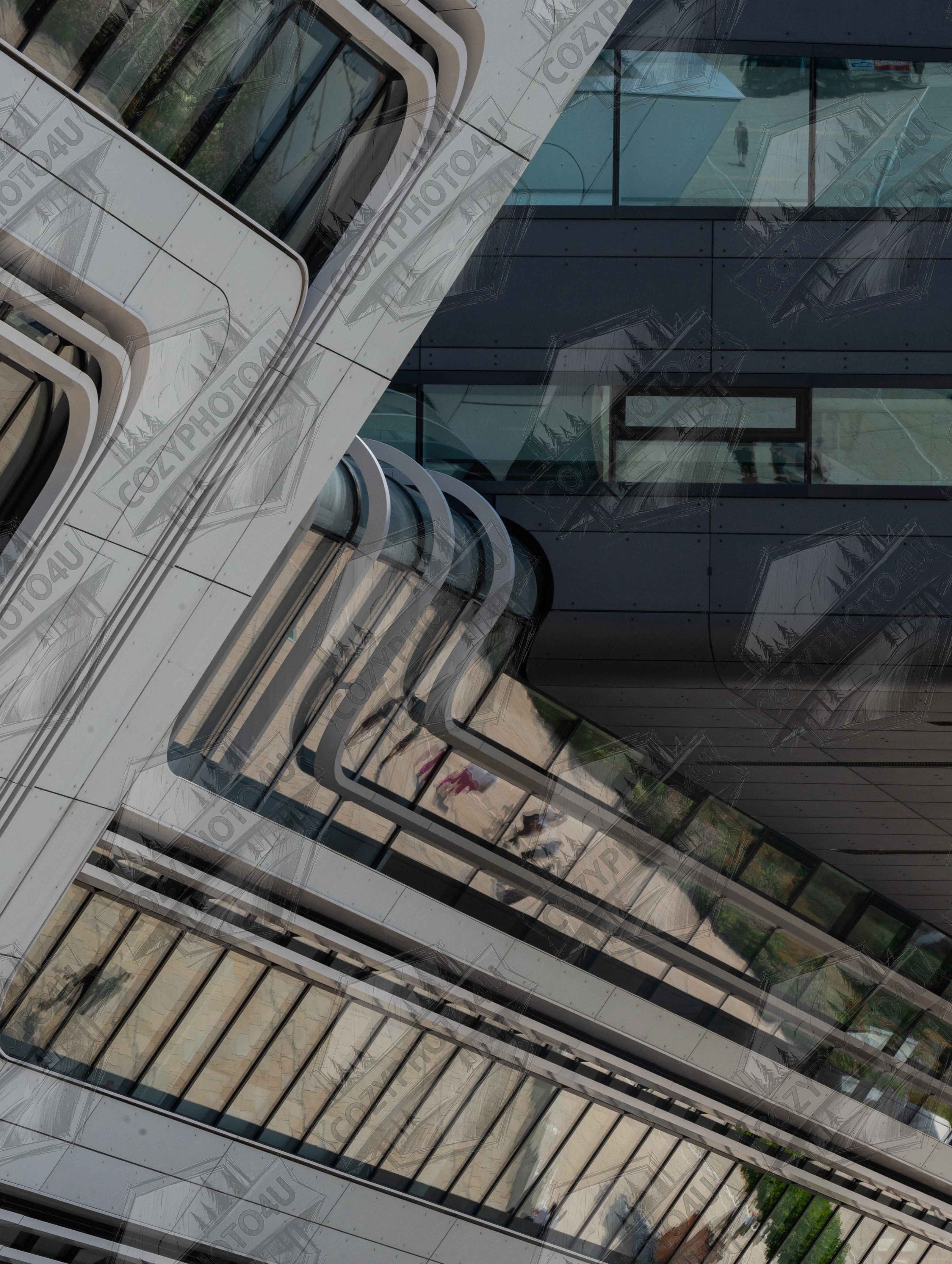 Digital Picture art Exterior view of the Library of WU (Vienna University of Economics and Business) with modern angular glass and steel architecture