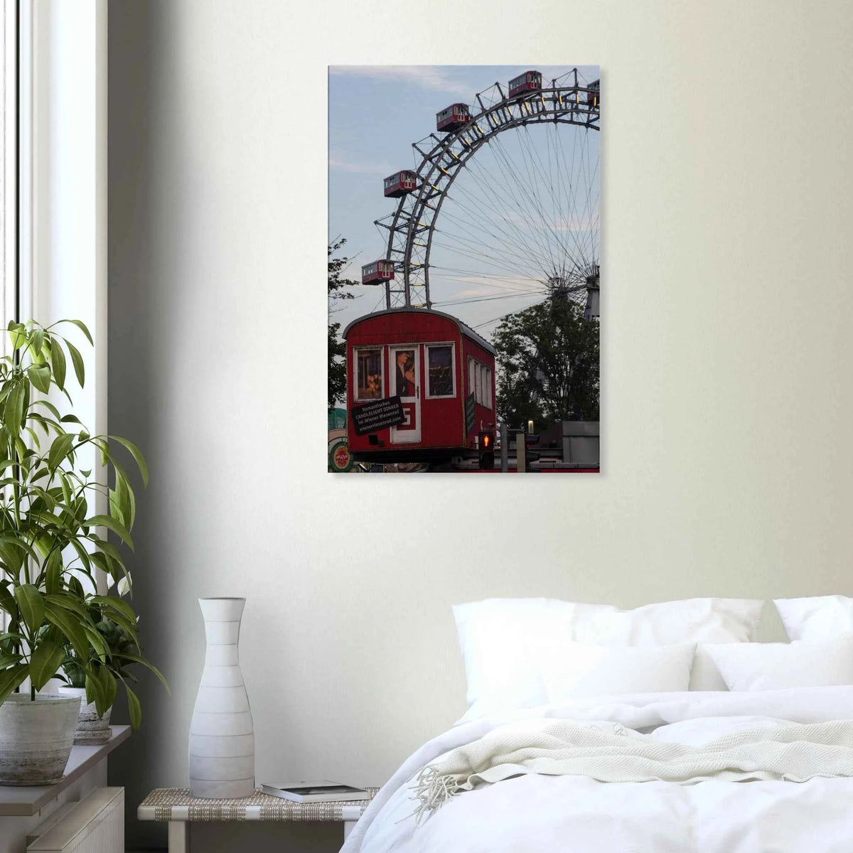 Historic Prater Ferris Wheel (Wiener Riesenrad) in Vienna, Austria, one of the oldest and most famous Ferris wheels in the world on Canvas print wall art on the wall in the Bedroom