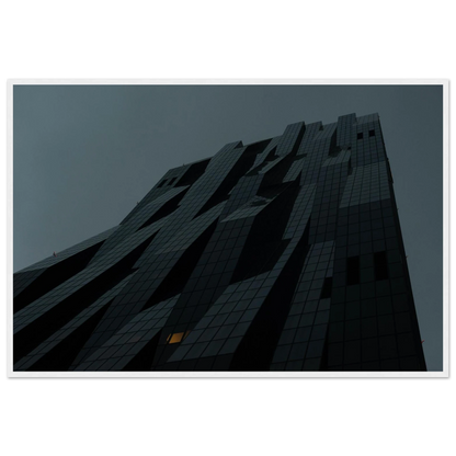 Bluish low angle view of a modern skyscraper with bold geometric lines and dark textured facade on Wooden framed wall art