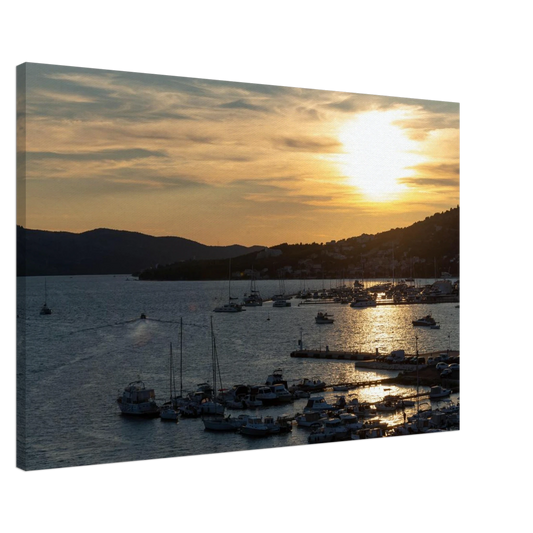 Canvas Print wall art of small boats anchored in a seaside port during Sunset at the harbor