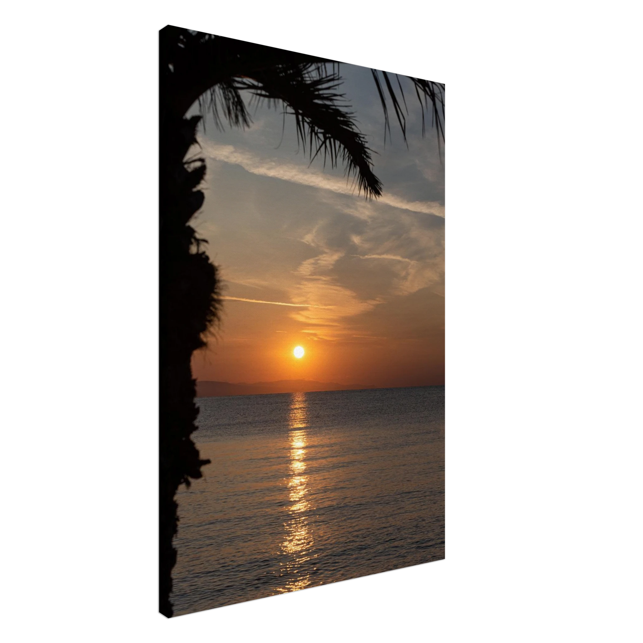 Canvas print wall art, Sunset over calm water with golden reflections, framed by tree branches in a peaceful natural landscape