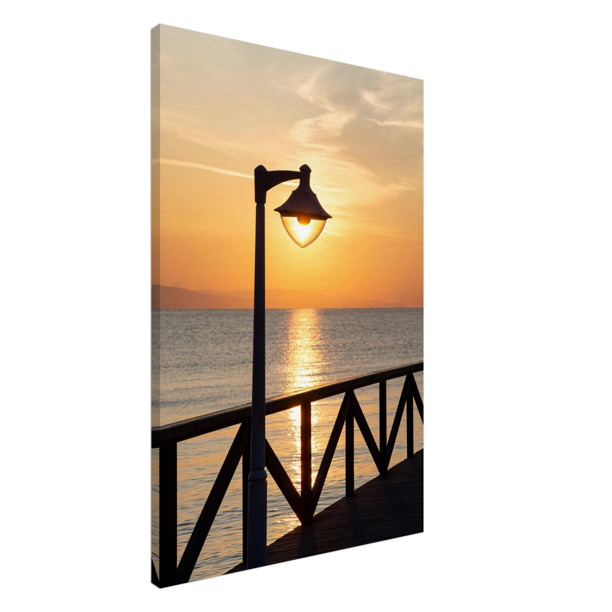 Canvas print wall art of a sunset over the sea with a street lamp on the pier