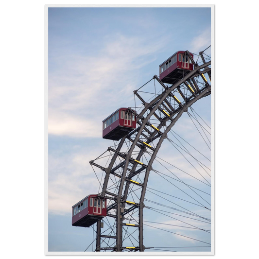 Close up of the historic Vienna Prater Giant Ferris Wheel (Wiener Riesenrad) showing its iconic steel structure and vintage mechanical details on wooden framed wall art